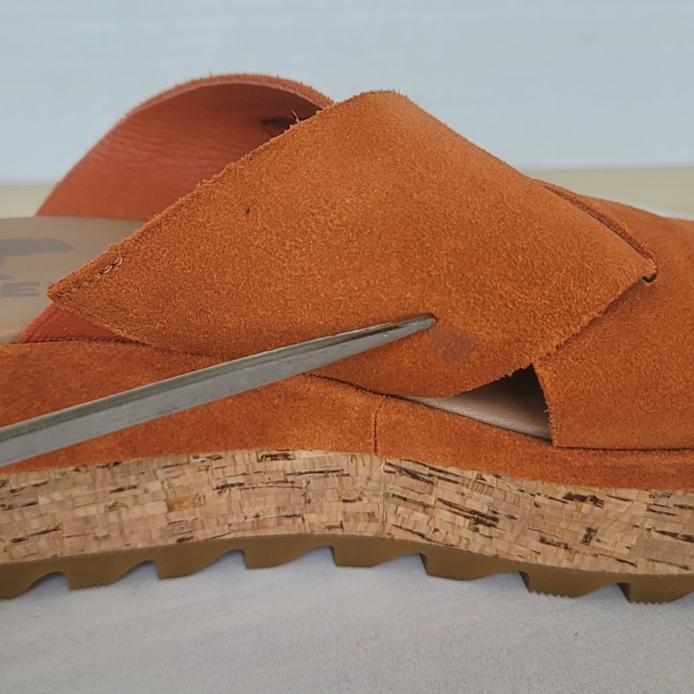 Sorel Cameron Desert Sun Gum Suede Boho Criss Cross Flatform Mule Sandal Sz 6 - Picture 15 of 17